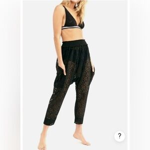 Free People Harem Pant Smocked Waist Sheer Stretch Lace Slouchy Black  XS